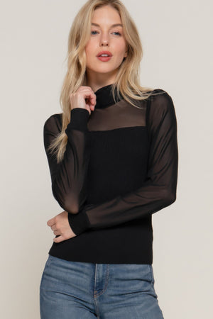 Long Slv Mesh Panel Detail Sweater Top - Top - SmartBuyApparel