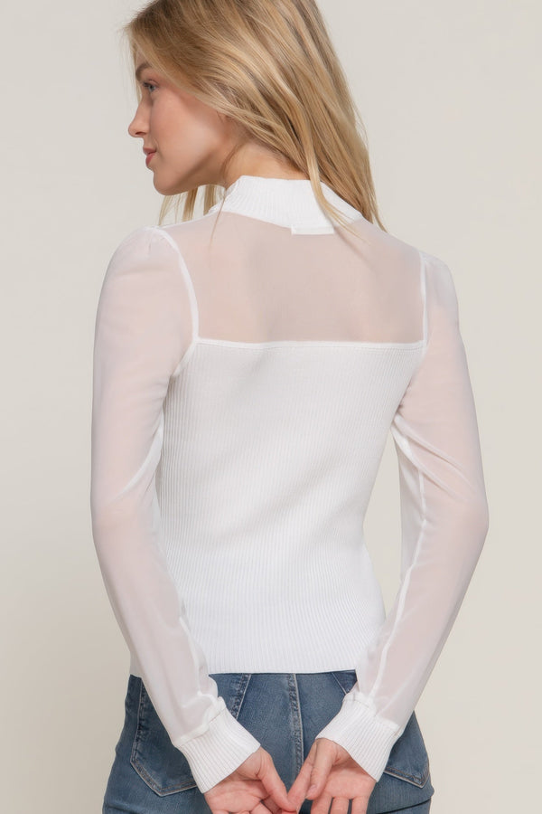 Long Slv Mesh Panel Detail Sweater Top - Top - SmartBuyApparel