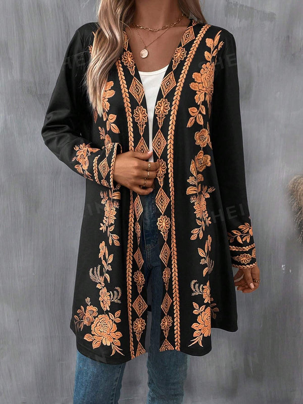 LUNE Floral Print Open Front Coat - SmartBuyApparel - Women Coats