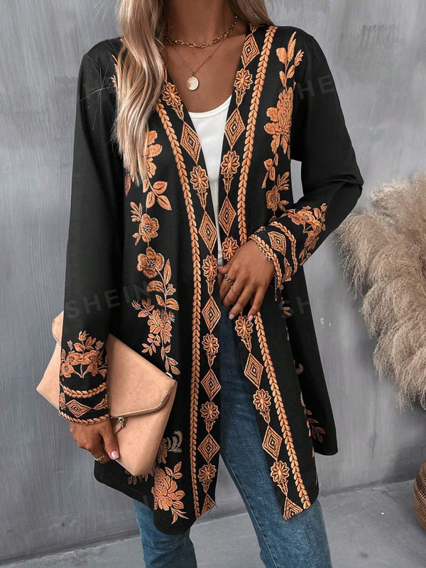 LUNE Floral Print Open Front Coat - SmartBuyApparel - Women Coats