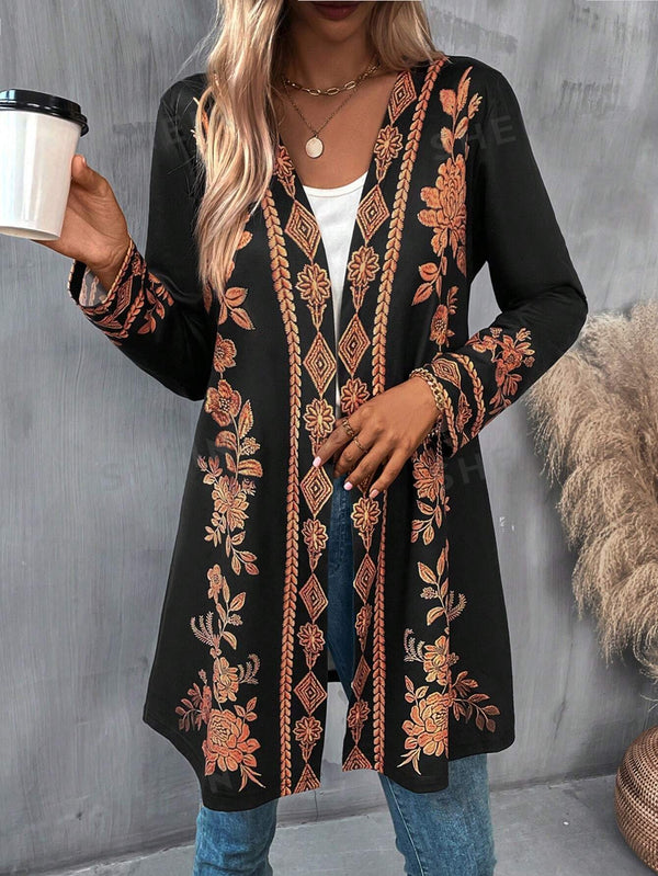 LUNE Floral Print Open Front Coat - SmartBuyApparel - Women Coats