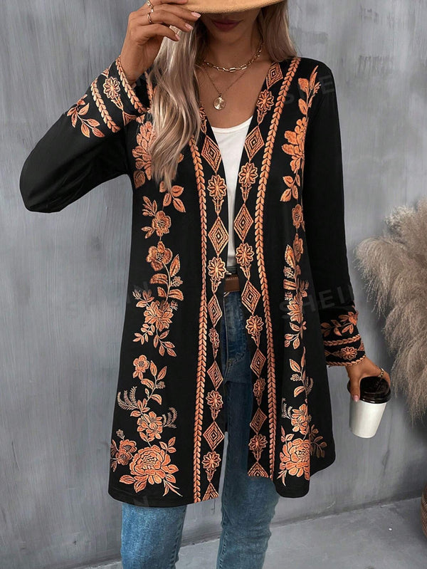 LUNE Floral Print Open Front Coat - SmartBuyApparel - Women Coats