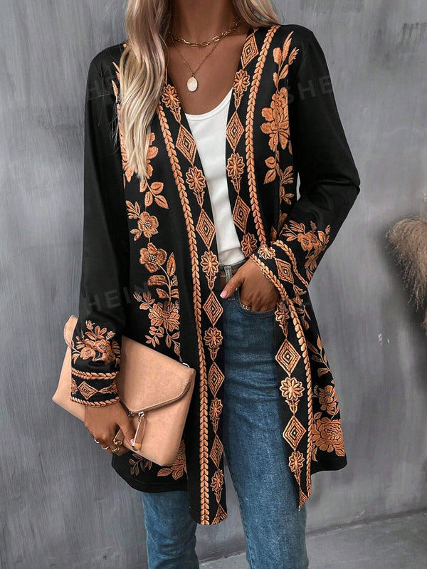 LUNE Floral Print Open Front Coat - SmartBuyApparel - Women Coats