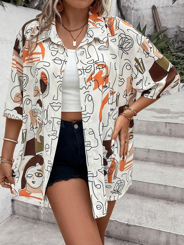 LUNE Plus Figure Graphic Drop Shoulder Shirt - SmartBuyApparel - Plus Size Blouses