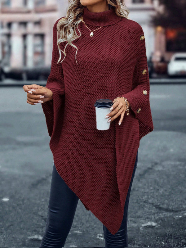 LUNE Turtleneck Batwing Sleeve Asymmetrical Hem Knit Poncho - SmartBuyApparel - Women Sweaters