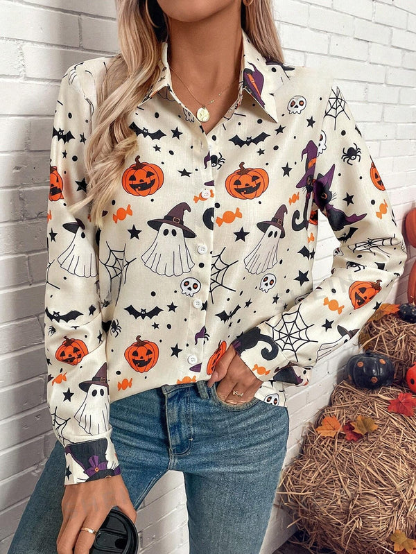 LUNE Women Halloween Print Button - Down Long Sleeve Autumn Blouse - SmartBuyApparel - Women Blouses