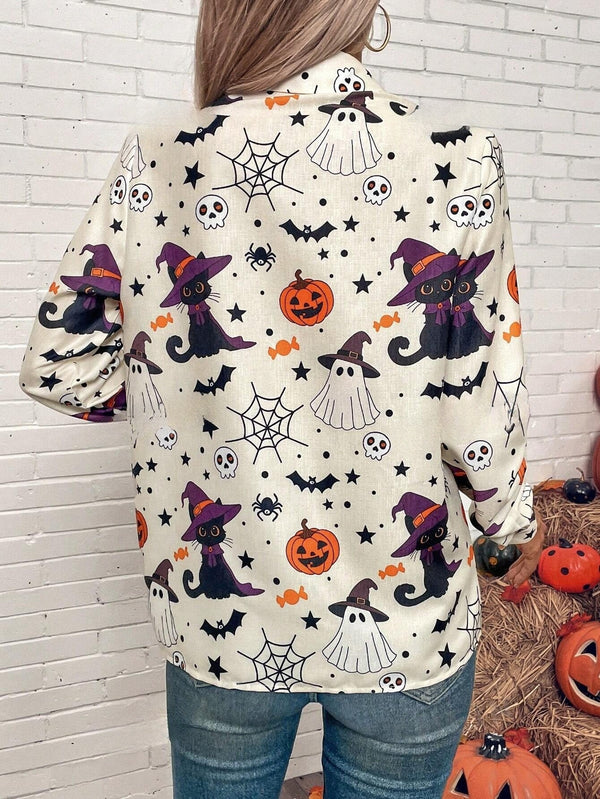 LUNE Women Halloween Print Button - Down Long Sleeve Autumn Blouse - SmartBuyApparel - Women Blouses