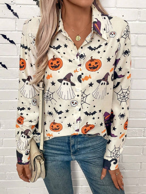 LUNE Women Halloween Print Button - Down Long Sleeve Autumn Blouse - SmartBuyApparel - Women Blouses