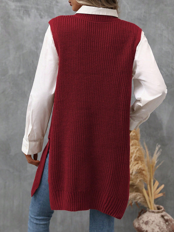 LUNE Women's Side Split Knitted Sweater Vest - SmartBuyApparel - Women Sweater Vests