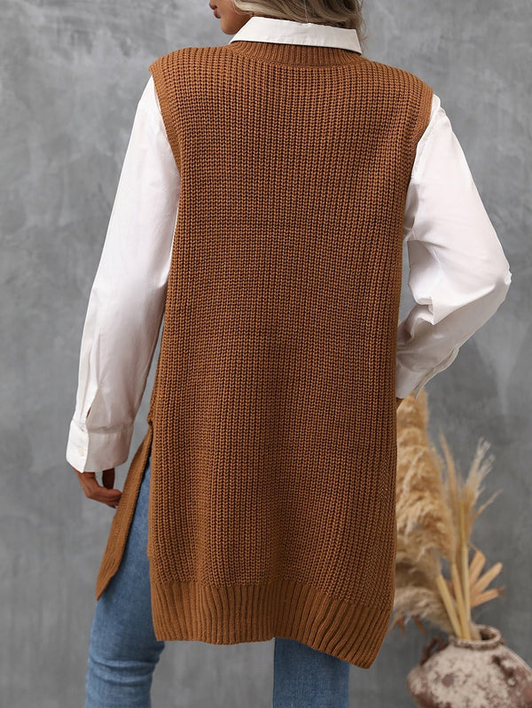 LUNE Women's Side Split Knitted Sweater Vest - SmartBuyApparel - Women Sweater Vests