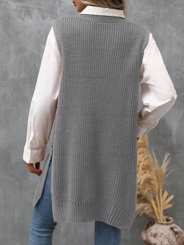 LUNE Women's Side Split Knitted Sweater Vest - SmartBuyApparel - Women Sweater Vests