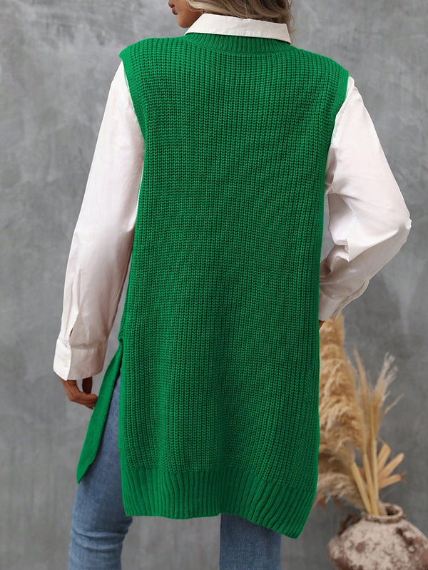 LUNE Women's Side Split Knitted Sweater Vest - SmartBuyApparel - Women Sweater Vests