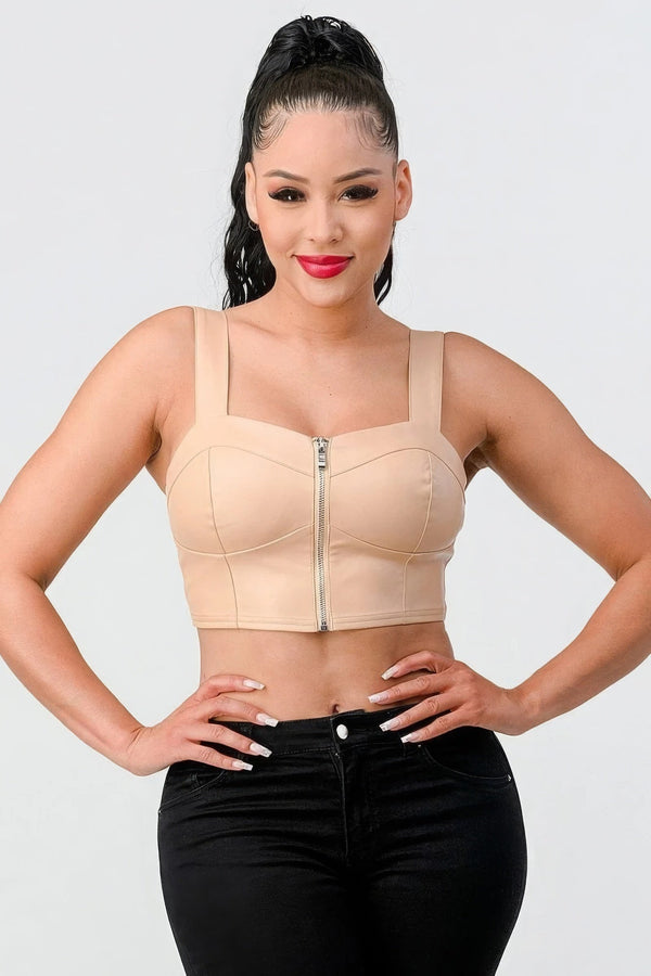 Lux Faux Leather PU Zip - up Strap Sleeveless Cropped Top - Type: Women's top - SmartBuyApparel