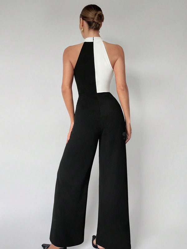 Maija Women's Color Block Asymmetrical Halter Jumpsuit - SmartBuyApparel - Women Jumpsuits