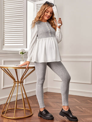 Maternity Colorblock Round Neck Long Sleeve Top And Pants Two Piece Set - SmartBuyApparel - Maternity Two - piece Suits