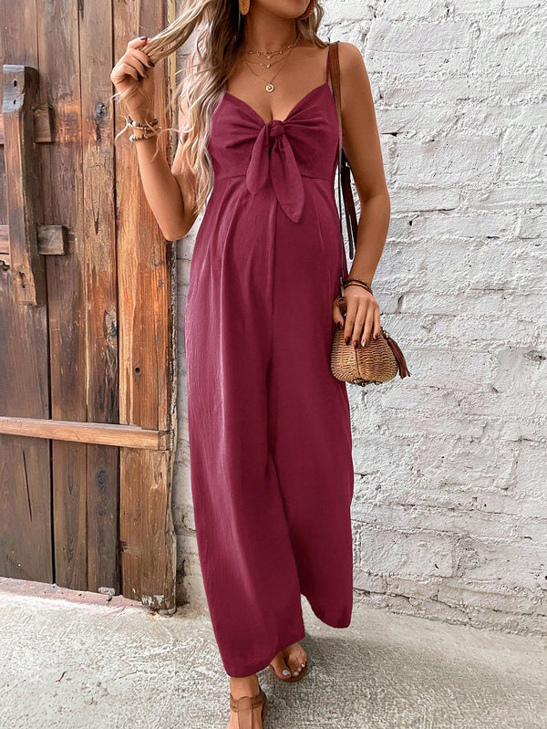 Maternity Knot Front Hollow Out Wide Leg Jumpsuit With Straps - SmartBuyApparel - Maternity Jumpsuits