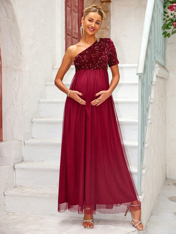 Maternity One Shoulder Glitter Mesh Patchwork Dress - SmartBuyApparel - Maternity Dresses