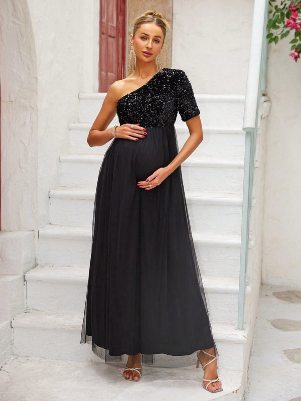 Maternity One Shoulder Glitter Mesh Patchwork Dress - SmartBuyApparel - Maternity Dresses