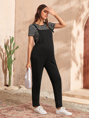 Maternity Striped Pattern Tee & Overall Jumpsuit Set - SmartBuyApparel - Maternity Two - piece Suits