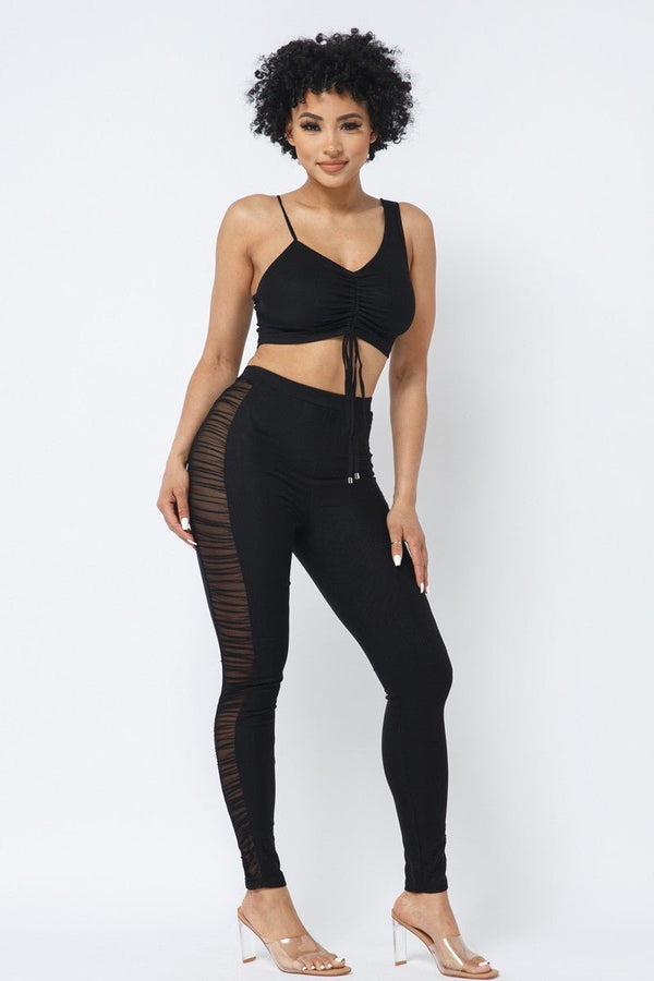 Mesh Strappy Adjustable Ruched Crop Top With Matching See Through Side Panel Leggings - Set - SmartBuyApparel