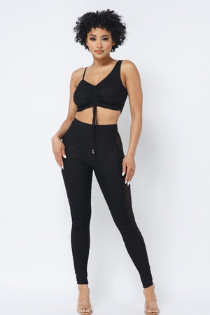Mesh Strappy Adjustable Ruched Crop Top With Matching See Through Side Panel Leggings - Set - SmartBuyApparel