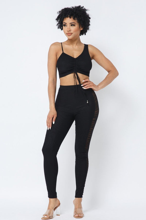 Mesh Strappy Adjustable Ruched Crop Top With Matching See Through Side Panel Leggings - Set - SmartBuyApparel