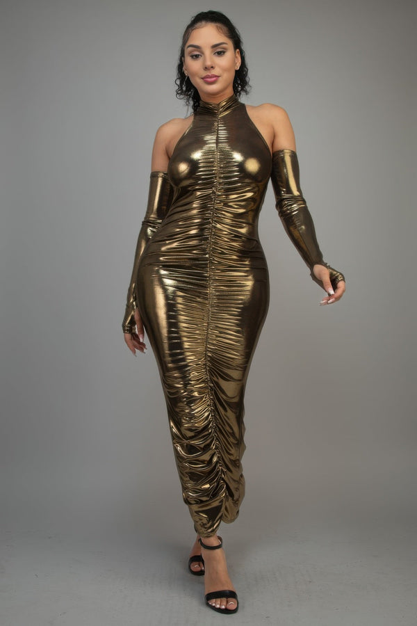 Metallic Ruched Dress With Sleeves - Dress - SmartBuyApparel