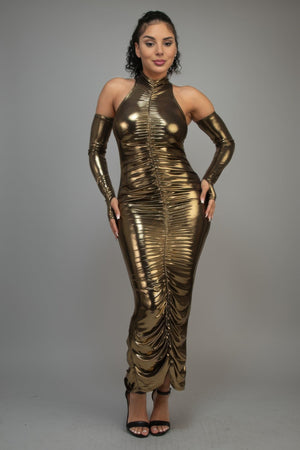 Metallic Ruched Dress With Sleeves - Dress - SmartBuyApparel