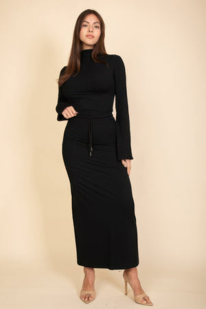 Mock Neck Bell Sleeve Crop Top & Maxi Skirt Set - Dress - SmartBuyApparel