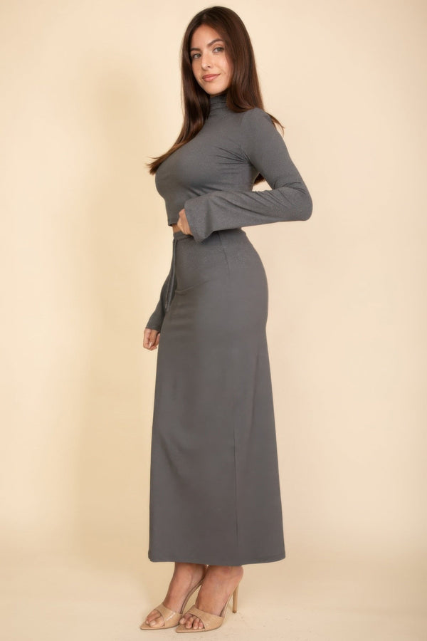 Mock Neck Bell Sleeve Crop Top & Maxi Skirt Set - Women's set - SmartBuyApparel