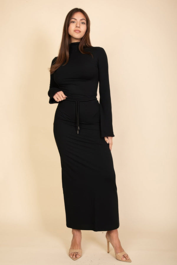 Mock Neck Bell Sleeve Crop Top & Maxi Skirt Set - Women's set - SmartBuyApparel