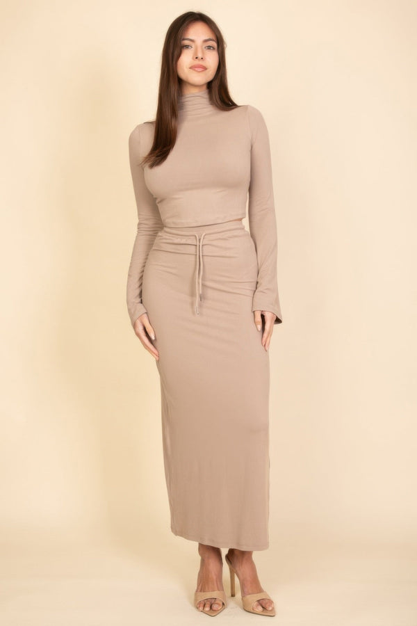 Mock Neck Bell Sleeve Crop Top & Maxi Skirt Set - Women's set - SmartBuyApparel