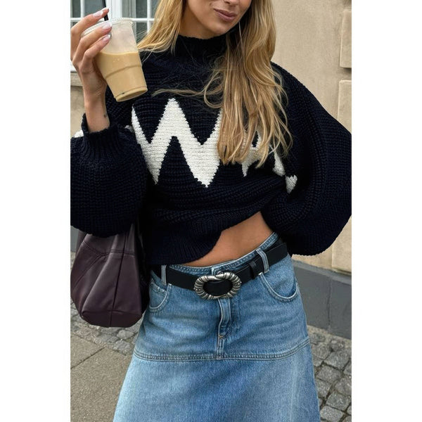 Mock Neck Contrast Binding Long Sleeve Sweater - Women's sweater - SmartBuyApparel