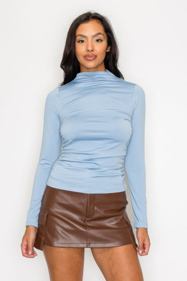 Mock Neck Ruched Solid Top - Women's top - SmartBuyApparel