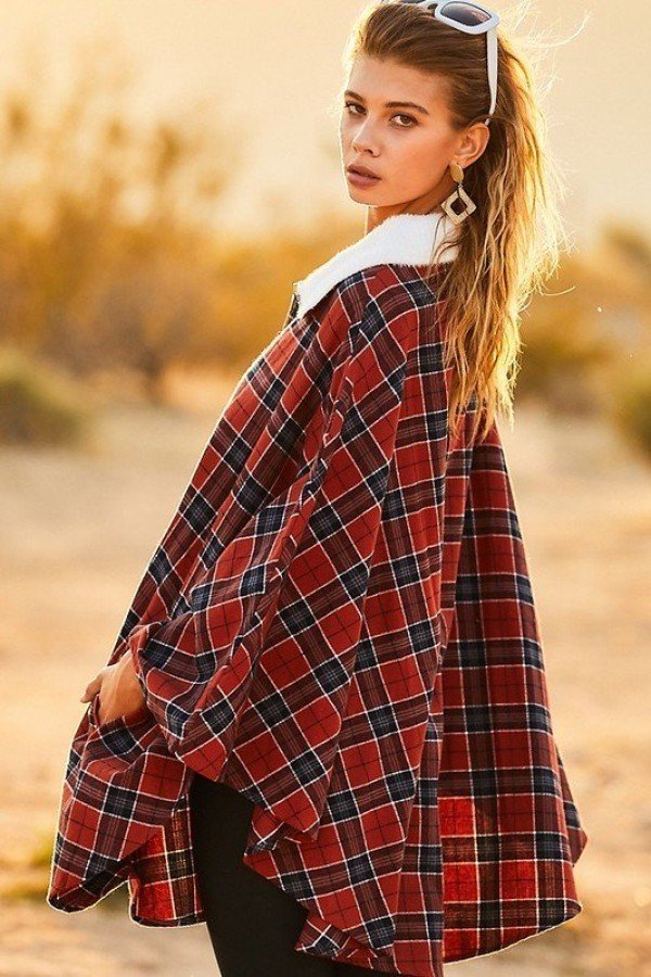 Mock Neck With Zipper Contrast Inside Front Pocket Plaid Poncho - Women's poncho - SmartBuyApparel