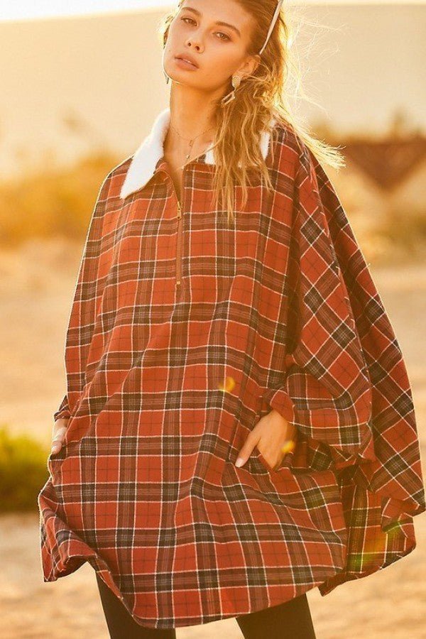 Mock Neck With Zipper Contrast Inside Front Pocket Plaid Poncho - Women's poncho - SmartBuyApparel
