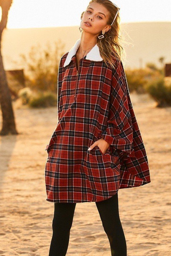 Mock Neck With Zipper Contrast Inside Front Pocket Plaid Poncho - Women's poncho - SmartBuyApparel