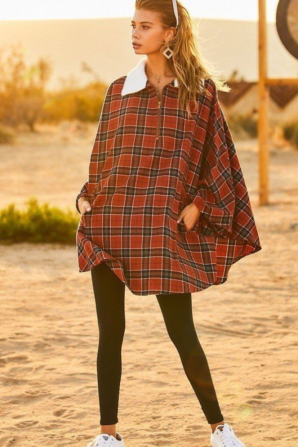 Mock Neck With Zipper Contrast Inside Front Pocket Plaid Poncho - Women's poncho - SmartBuyApparel