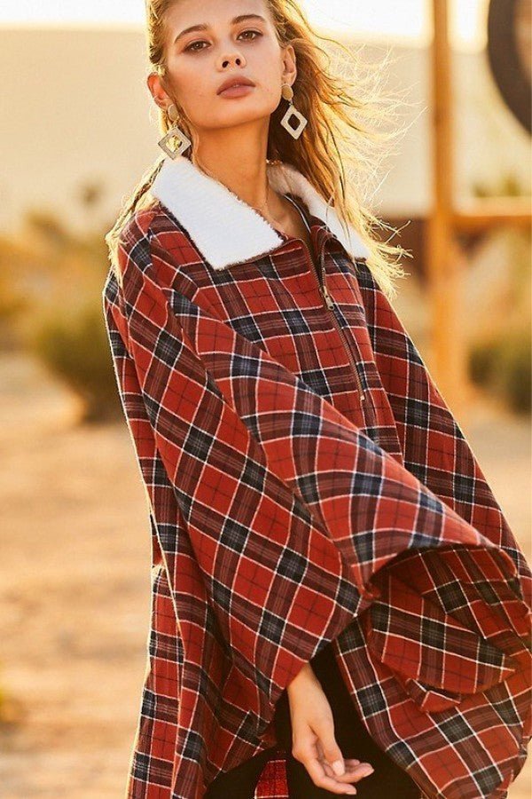 Mock Neck With Zipper Contrast Inside Front Pocket Plaid Poncho - Women's poncho - SmartBuyApparel