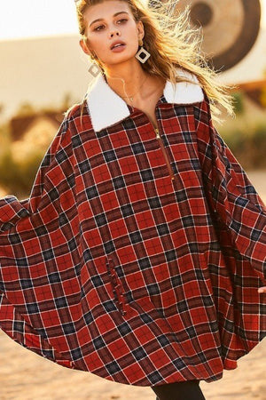 Mock Neck With Zipper Contrast Inside Front Pocket Plaid Poncho - Women's poncho - SmartBuyApparel