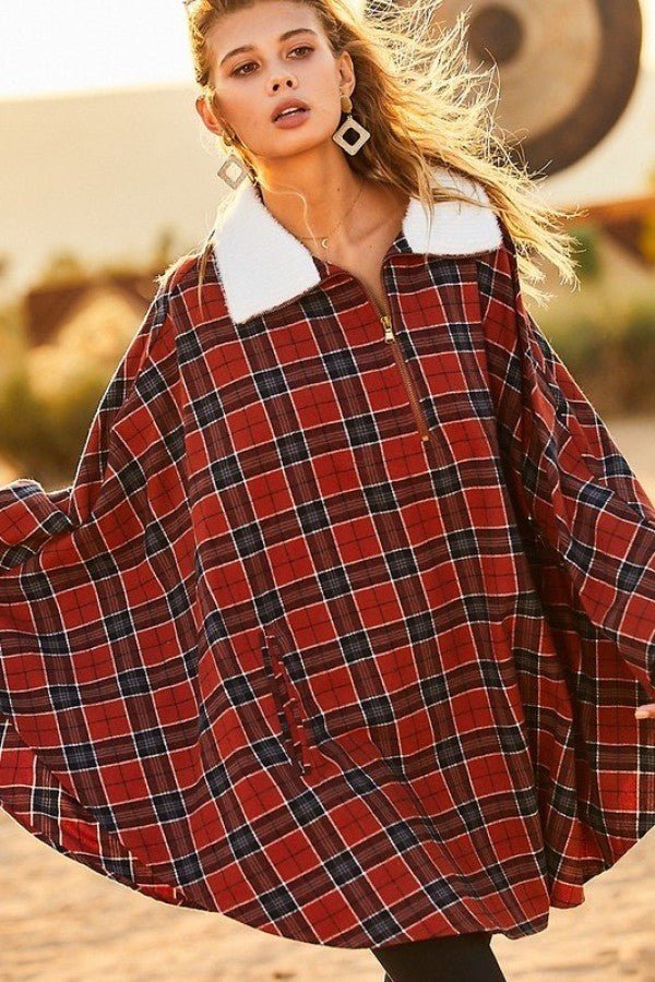 Mock Neck With Zipper Contrast Inside Front Pocket Plaid Poncho - Women's poncho - SmartBuyApparel