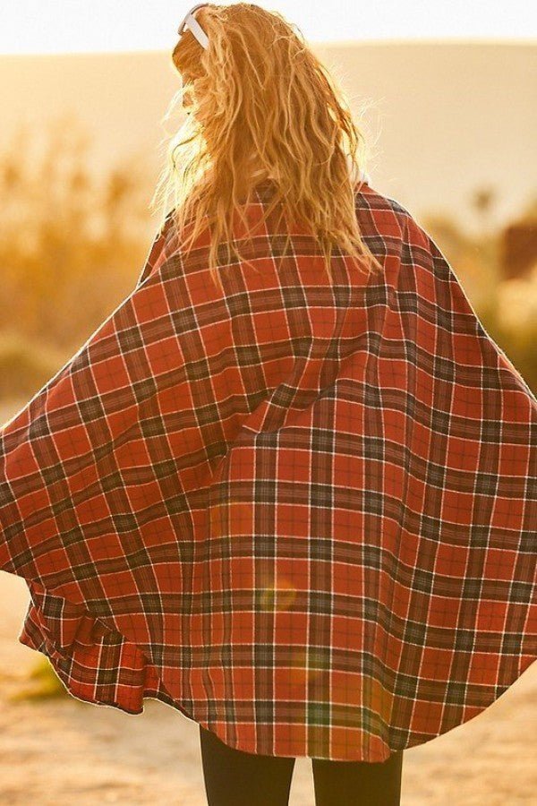 Mock Neck With Zipper Contrast Inside Front Pocket Plaid Poncho - Women's poncho - SmartBuyApparel