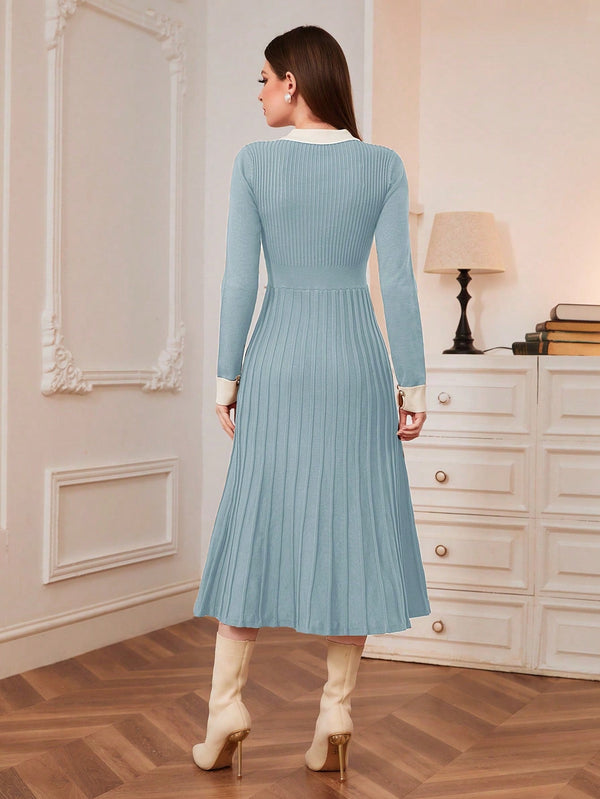 Modely Contrast Collar Pleated Sweater Dress - SmartBuyApparel - Women Sweater Dresses