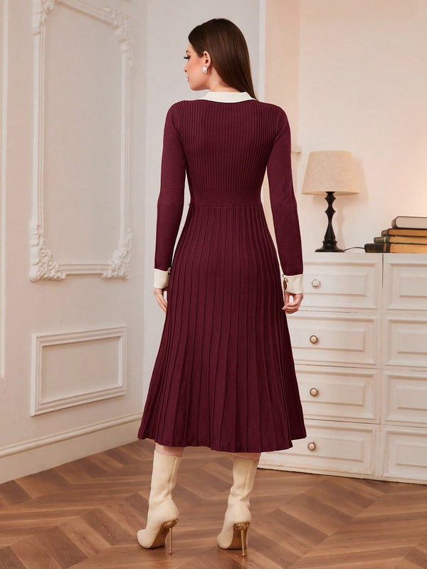 Modely Contrast Collar Pleated Sweater Dress - SmartBuyApparel - Women Sweater Dresses