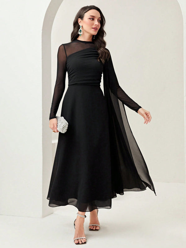 Modely Contrast Mesh Ruched Dress With Sleeves - SmartBuyApparel - Women Dresses