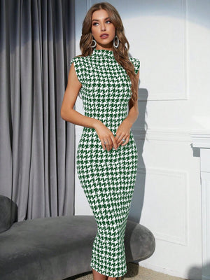 Modely Houndstooth Shoulder Pad Mock Neck Bodycon Dress - SmartBuyApparel - Women Dresses