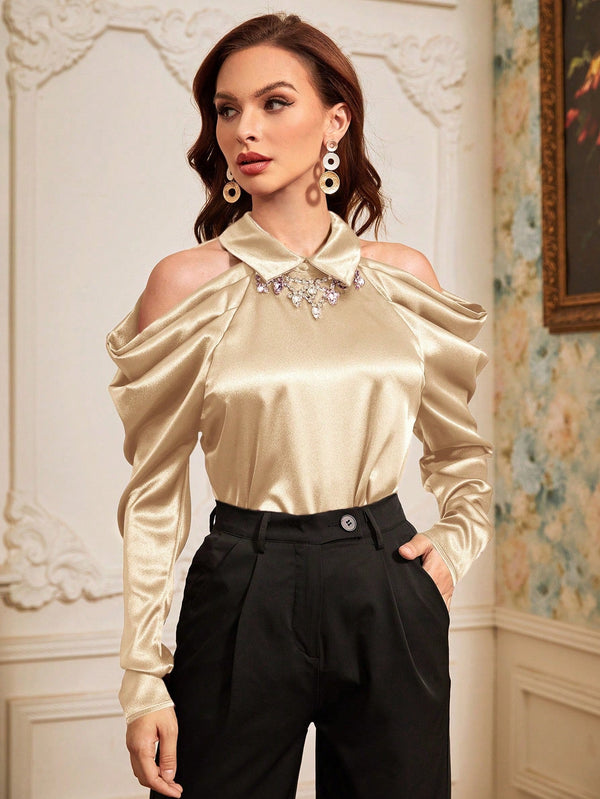 Modely Women's Cold Shoulder Shirt With Rhinestone Decoration - SmartBuyApparel - Women Blouses