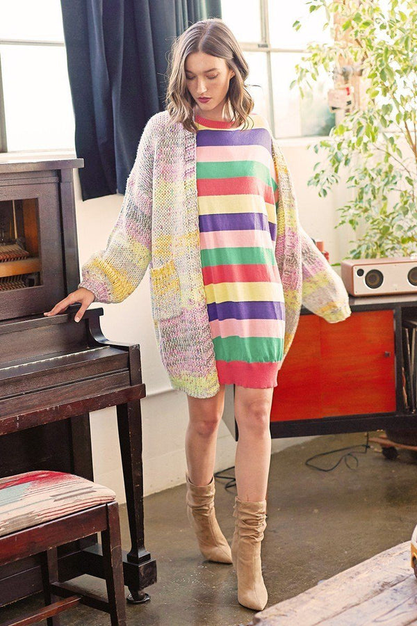 Multi - colored Striped Knit Sweater Dress - Dress - SmartBuyApparel