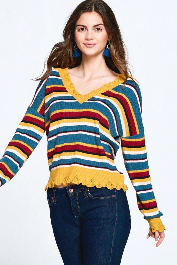Multi - colored Variegated Striped Knit Sweater - Women's sweater - SmartBuyApparel