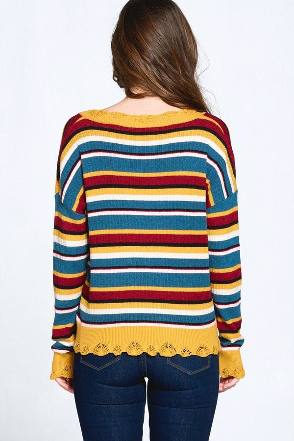 Multi - colored Variegated Striped Knit Sweater - Women's sweater - SmartBuyApparel